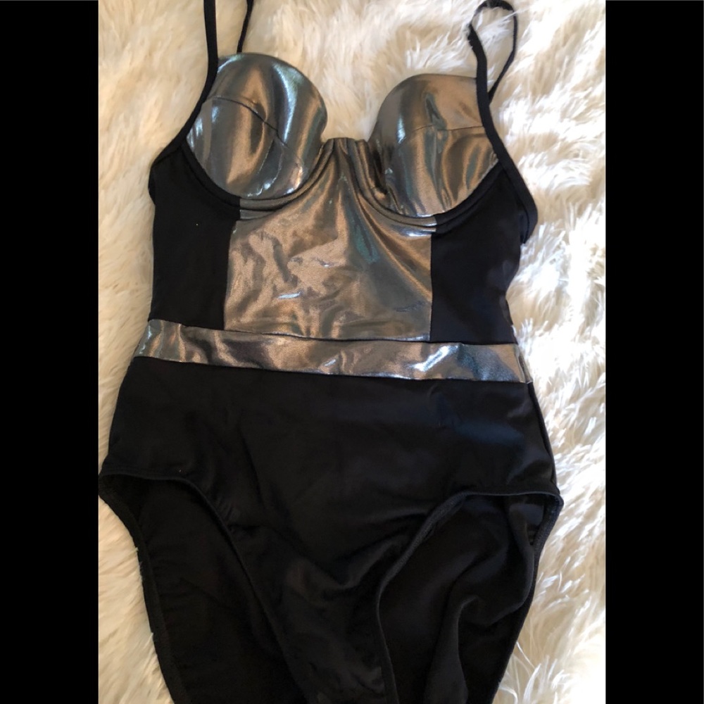 Black& MetallicSilver Block Slimming Swim&BodySuit